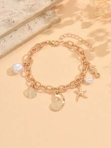 1pc Beach Vacation Ocean Style Metal Alloy Shell & Starfish Faux Pearl Multi-Pendant Bracelet, Versatile For Daily Wear, Beach Date, Party, Music Festival. Handmade Chain Length Customizable - Multicolor - View 2
