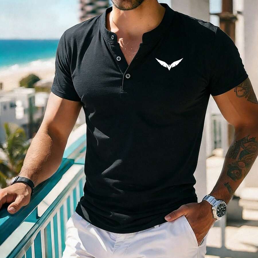 夏季新款海滩度假风亨利领短袖T恤 - 男士创意T恤 - 黑色 - 查看 1