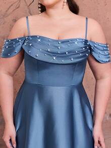 Vestido de dama de honor elegante de talla grande Mgiacy, con cuello, tirantes de espagueti, dobladillo con volantes, decoración de perlas, satén, gasa, adecuado para baile, boda, fiesta, invitado de boda, gala nocturna, vestido de fiesta elegante para mujer, vestido maxi elegante para mujer, vestido de verano primavera - Neblina azul - Ver 5