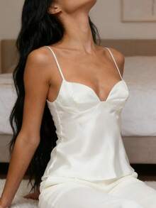 Women's Satin Spaghetti Strap Cami Top Deep V Neck Backless Crop Tank Top Elegant Silky Party Club Going Out Vest - 白色 - 查看 2
