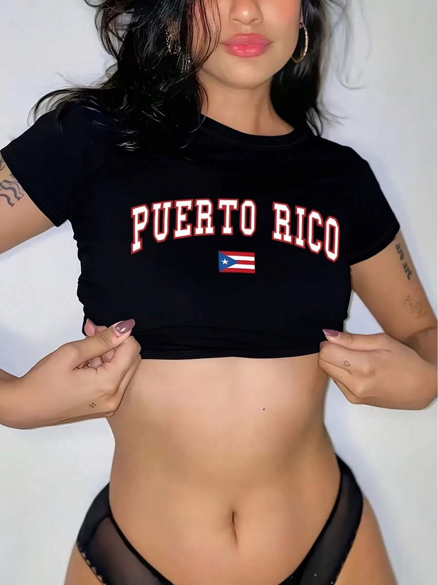 Versatile Puerto Rico Flag Print Cropped Top - Women's Casual Short Sleeve Crew Neck T-Shirt, Elastic Polyester Blend, Machine Washable - Black - View 1