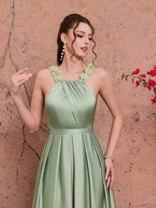 Mgiacy，新款，吊带，优雅，伴娘礼服，3D立体花卉，荷叶边，缎面，雪纺，适合，舞会，婚礼，派对礼服，婚礼宾客礼服，晚礼服，绿色礼服 - 綠色 - 查看 6