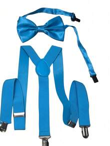 1 Set Unisex Azul Sólido Pajarita Casual y Juego de Tirantes, Clips para Pantalones con Tirantes, Adecuado para Uso Diario, Fiesta, Boda, Exterior - Azul - Ver 2