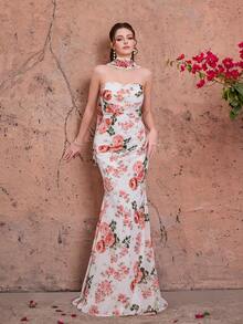 Đầm maxi dáng đuôi cá không dây vai bằng chiffon in hoa Mgiacy kèm khăn choàng, trang phục dạ hội thanh lịch dành cho khách dự đám cưới, tiệc mùa hè, kỳ nghỉ và lễ hội. - Hồng - Xem 6
