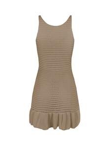 Bộ đồ nữ mùa hè gợi cảm, kiểu dáng thường ngày, khoét lỗ, xuyên thấu, dệt kim không tay, viền bèo nhún, gồm áo crop top và váy ngắn. - Màu Khaki - Xem 8