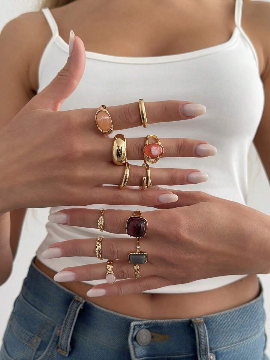 Set de 12 anillos de aleación asimétrica con incrustaciones de acrílico, con un toque lujoso, adecuados para el uso diario de las mujeres, regalo para amigos y familiares