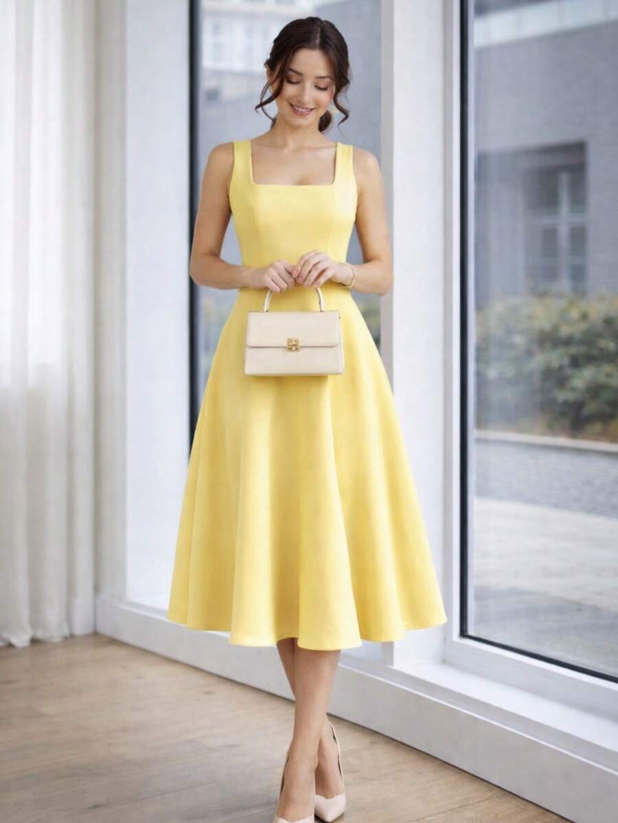 Sophisticated Midi Dress With Perfect Cut | A-Line Silhouette - Màu vàng ngỗng - Xem 1