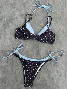 Bộ đồ bơi nữ 2026, áo bikini hai mảnh hở lưng phối màu chấm bi gợi cảm, thích hợp cho ngày Valentine, đi biển, nghỉ dưỡng, du lịch ngoài trời mùa hè. - Màu Khaki - Xem 3