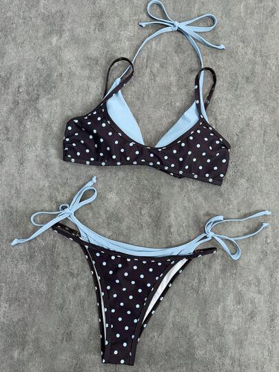 2026 Women's Swimsuit Set, Polka Dot Contrast Color Halter Sexy Backless Bikini Top And Thong Bottom, Suitable For Valentine's Day, Beach, Resort, Outdoor