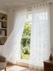 1pc White Dreamy Embroidered Feather Sheer Curtain Suitable For Bedroom And Living Room Decoration - White - View 7