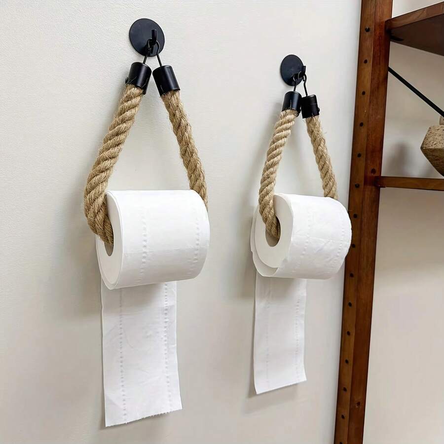 Retro Toilet Roll Paper Holders Punchless Hemp Rope Tissue Holder Bathroom Storage Accessories Washroom Decor - 麻繩圓形壁掛紙巾架 - 查看 1