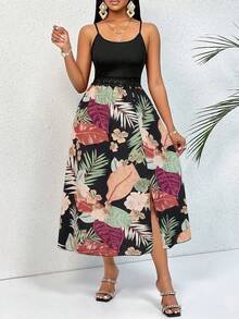 AIJ 随机花卉印花吊带开衩连衣裙 - 黑色 - 查看 1