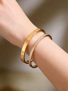 VceTd 1/2PCS Fashion Minimalist Style Stainless Steel Women's Bracelet With Glass Decor Tennis Chain Design, Suitable For Daily Wear Or Commuting - Yellow Gold - View 3