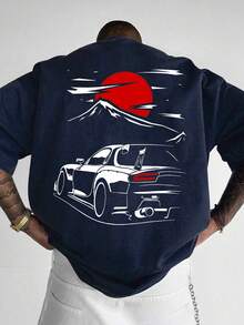 1pc Men's Fashionable Printed Loose Fit Short Sleeve T-Shirt | Exquisite Design | Summer Essential | Easy To Match, Showcasing Your Style - Navy Blue - View 1