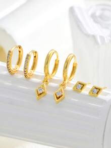 6 Pieces Simple & Fashionable Shiny Copper Earring Set With Full Zirconia Inlay - Luxury Jewelry Ear Accessories Gift Valentines,Mom,Gift - Yellow Gold - View 3