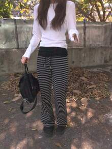 Japanese Style Colorblock Striped Patchwork Lace-Up Soft Comfortable Casual Pants Spring - Grey - View 7