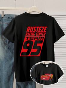 Disney Men's Casual And Short-Sleeved Crew Neck T-Shirt Featuring Lightning McQueen From Cars, With A "Red RUSTEZE RACING CENTER TEAM 95" Letter Graphic Print. Suitable For All Seasons And Everyday Wear. Men's Graphic T-Shirt, Men's Clothing. - Black - View 1