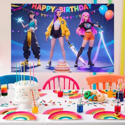 Pancarta decorativa de pastel estilo coreano, tema de muñeca de dibujos animados de chica genial para escena de fiesta infantil, pancarta de fondo para fiesta de cumpleaños. Ideal para decoración de pared temática, celebraciones de festivales de música electrónica, decoración de habitaciones y accesorios de exhibición.