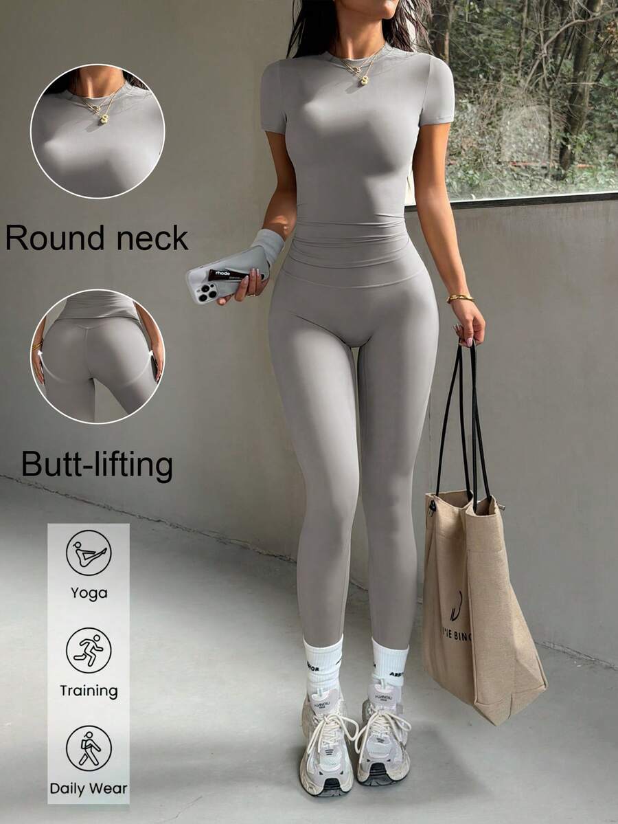 Aoqta Sports 女士夏季纯色休闲两件套，圆领短袖修身T恤搭配高腰显瘦紧身裤，简约基础款，适合瑜伽、跑步、健身、日常穿着。 - 灰色 - 查看 1