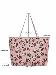 1pc Pink Metal Rivet Decor Large Capacity Cherry PU Tote Bag, Women Shoulder Bag For Winter - Pink - View 6