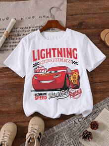 Disney Cars Lightning McQueen Rust-Eze Racing Graphic Printed Pattern T-Shirts For Girls - Children's Clothing Design Short-Sleeved Casual And Cute Style Comfortable And Casual Wear All Year Round Suitable For Parties And Play Machine Washable Gift Children's Clothing Girls' Short-Sleeved Shirts - 白色 - 查看 2