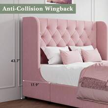Full Bed Frame With Velvet Button-Tufted Headboard , Upholstered Bed Frames, Soft Fabric, Button Tufted Headboard With Windback, Curved Wingback Design,  Queen Bed Frame/ King Bed Frame/ Full Size Bed Frame, Pink/ White/ Grey - 粉色 - 查看 2
