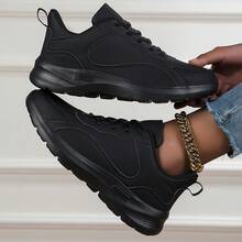 女士时尚户外运动鞋，皮革鞋面，舒适轻便跑步鞋，纯色，百搭，春秋季 - 黑色 - 查看 8