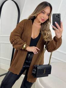 Casaco Cardigan Feminino de Tricot Kimono Aberto de Frio Manga Bufante Longa Elegante Moda Inverno - Caramelo - Visão 2