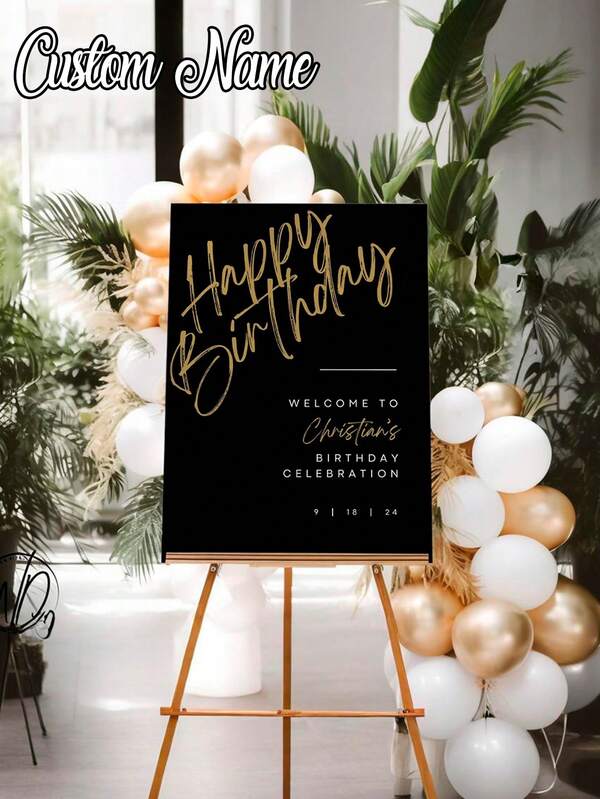 1pc Personalized Black & Gold Birthday Poster, Happy Birthday Welcome Sign, Customized Birthday Welcome Signage, Frameless Canvas Wall Art - Personalized Wall Art With Your Name, Customized Birthday Welcome Signage Printed Canvas Poster