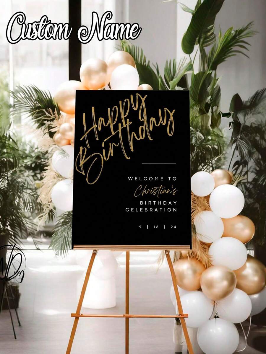 1pc Personalized Black & Gold Birthday Poster, Happy Birthday Welcome Sign, Customized Birthday Welcome Signage, Frameless Canvas Wall Art - Personalized Wall Art With Your Name, Customized Birthday Welcome Signage Printed Canvas Poster - Multicolor - View 1