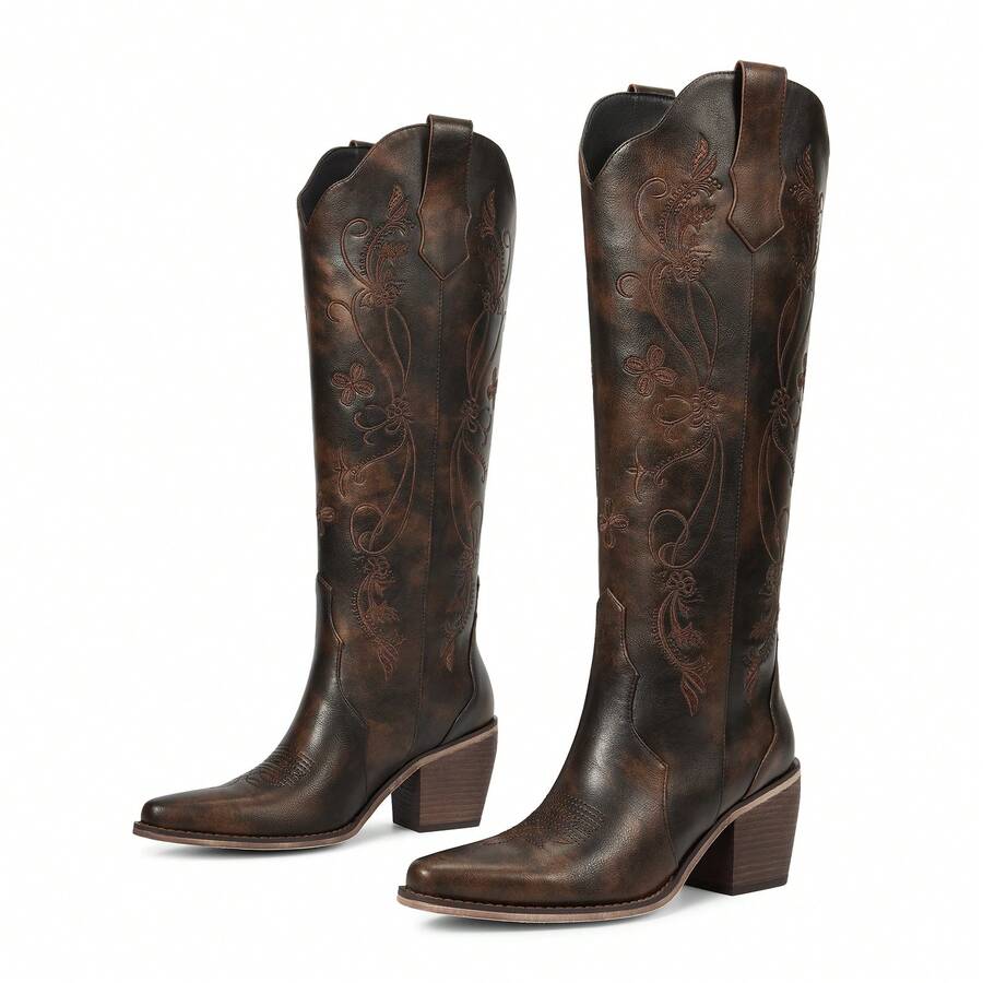 Women Cowboy Boots Knee High Comfort Vintage Floral Embroidery, Retro Pointed Toe, Block Chunky Heel, Pull On Tabs, Ladies Western Cowgirl Boots - 深棕色 - 查看 1