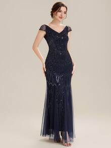 EVERPRETTY Đầm dạ hội dài trang trọng dành cho nữ, thiết kế tay ngắn phối sequin và lưới, kiểu dáng thanh lịch cổ điển, thích hợp cho tiệc cưới mùa xuân. - Màu xanh hải quân - Xem 5