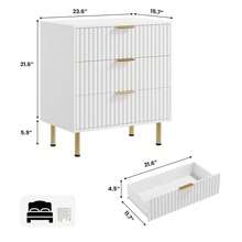 Cómoda acanalada de 3 cajones para dormitorio, mesita de noche moderna con cajones profundos, cómoda con tablero ancho, organizador de madera, mesa auxiliar para salón, pasillo y habitación infantil, color blanco. - Blanco - Ver 2