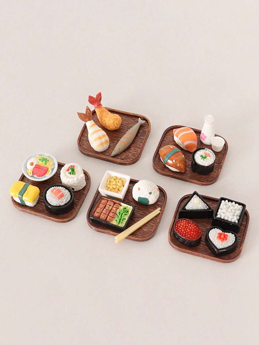 5-Piece Mini Simulation Japanese Food Decorations Sushi Model Cartoon Cute Tray Chopstick Ornament DIY Scene Decoration Accessories - Mô hình trang trí đĩa sushi - Xem 1