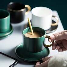 Matte Porcelain Cup And Saucer Set With Gold Trim 6oz Tea Cup Coffee Cup With Gold Spoon - màu đen - Xem 4