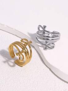 1枚时尚简约甜美百搭的高品质镀层不锈钢蝴蝶结几何开口戒指，适合女性日常、派对和约会佩戴。 - 彩色 - 查看 1