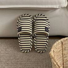 XIXITIAO 1 Pair Couple's Striped & Bear Pattern Soft Bottom Flat Slippers, Comfortable, Lightweight, Versatile, Cute Home Slippers - Navy Blue - View 12