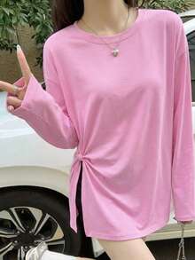 Women's Elegant New Year Round Neck Street Style Asymmetrical Hem Loose Long Sleeve T-Shirt With Side Slit, Spring/Autumn - 049 Pink - View 1