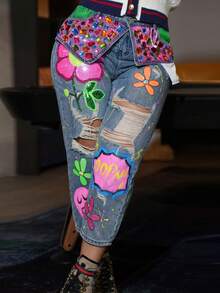 GLOURI Recious Womens Sexy Ripped Distressed Destroyed Colorful Rhinestones Printed Party Clubwear Denim Pants Jeans - Màu xanh lam - Xem 2