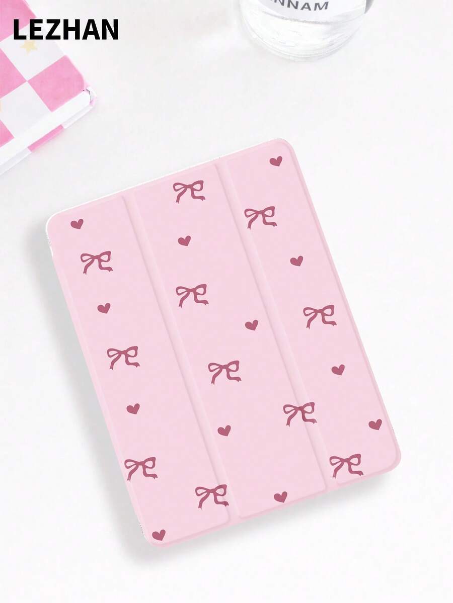 1pc Pink Heart & Bow Design Tablet Protective Case With Pencil Slot, Shockproof, Tri-Fold Stand, Compatible With 10.2", Pro 11" 2021/2020/10th Gen, 11" 11th Gen 2025, 8th/9th/10th Gen, Galaxy Tab A8 10.5" 2022, Matepad 10.4", Romantic Gift For Valentine's Day - Multicolor - View 1