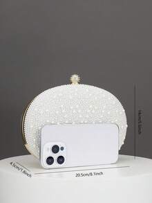 1个优雅蛋形仿珍珠首饰盒，浪漫婚礼派对手拿包，饰以奢华水晶，正式场合新娘单肩包，婚礼手提包 - 米色 - 查看 3