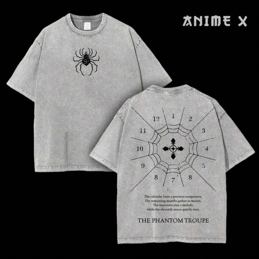 Retro Heavy Limited The Phantom Troupe Anime Double Printed Vintage Washed Unisex Oversize Anime Manga Washed Heavyweight Cotton T-Shirt, Gift For Anime Fan Lover - 灰色 - 查看 1
