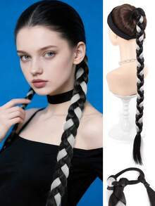 28 Inch Dual-Color Braided Ponytail Wig With Elastic Hair Tie, Smooth Braided Ponytail, Heat-Resistant Synthetic Fiber Wig, Suitable For Women's Daily And Holiday Wear - Multicolor - View 2