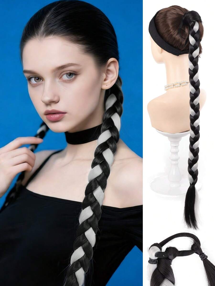 28 Inch Dual-Color Braided Ponytail Wig With Elastic Hair Tie, Smooth Braided Ponytail, Heat-Resistant Synthetic Fiber Wig, Suitable For Women's Daily And Holiday Wear