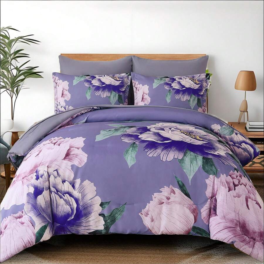 7 Piece Purple Pink Floral Comforter Set Full/Queen/King Size Bed In A Bag,Flowers Printed On Light Comforter Set With Sheets, Soft Microfiber Botanical Bedding Set For Wedding Items,Home Bed Room Decor,Easter Gifts,Mothers Day Gift,All Season - Tím Hồng 1550 - Xem 1