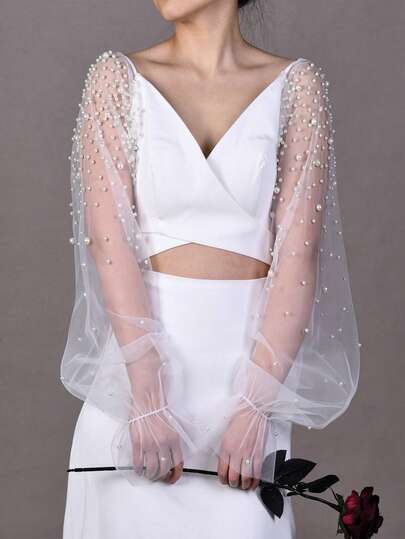 French Pearl Tulle Lantern Sleeves | Flare Sleeve Design | Bridal Gown Accessory | Stunning Choice For Wedding Welcoming & Bridal Photoshoot | Elegant Accent For Church Wedding & Evening Banquet | Autumn Arm Warmer