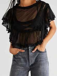 Women's Sheer, Wide-Neck, Cutout Top With Ruffled Hem; Women's Beach Cover-Up Top; Women's Versatile Sheer Street Style Top. - 黑色 - 查看 1
