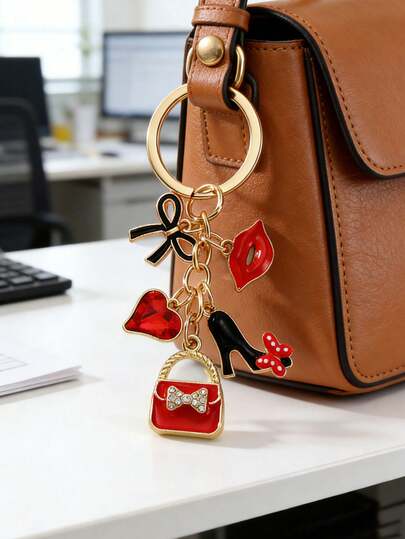 Elegancki brelok ze stopu metali z motywem czerwonej szminki i kokardki – inspirowany Walentynkami – uroczy metalowy okrągły brelok z motywem miłosnym, delikatnymi kwiatami i serduszkami, pojedynczy element, idealny prezent na wesele lub dodatek do damskiej torebki