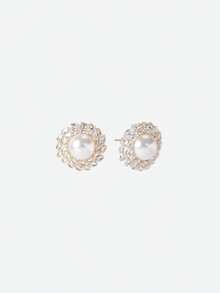 Opalesca 2pcs/Set Oversize Round Full Rhinestone Earrings, Vintage Pearl Earrings Decorations - Round - View 5
