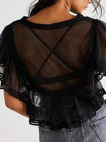 Bohemian Women's Lace Folded Lace Shirt Top - Casual Perspective Loose Short Half Sleeve Top, Suitable For Summer Daily Vacation Party Cowboy Concert - 黑色 - 查看 2